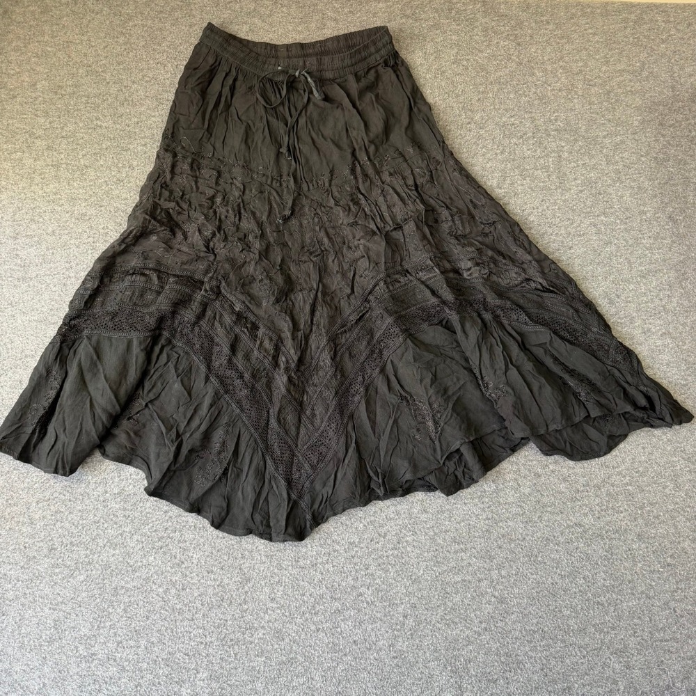 Vintage Y2K Whimsigoth Black Maxi Skirt Boho Embroidery Crochet Lace OSFA
